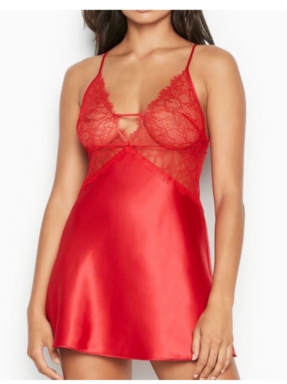 Victoria’s Secret Red Satin Lace Slip Dress Nightgown Chemise Size Small